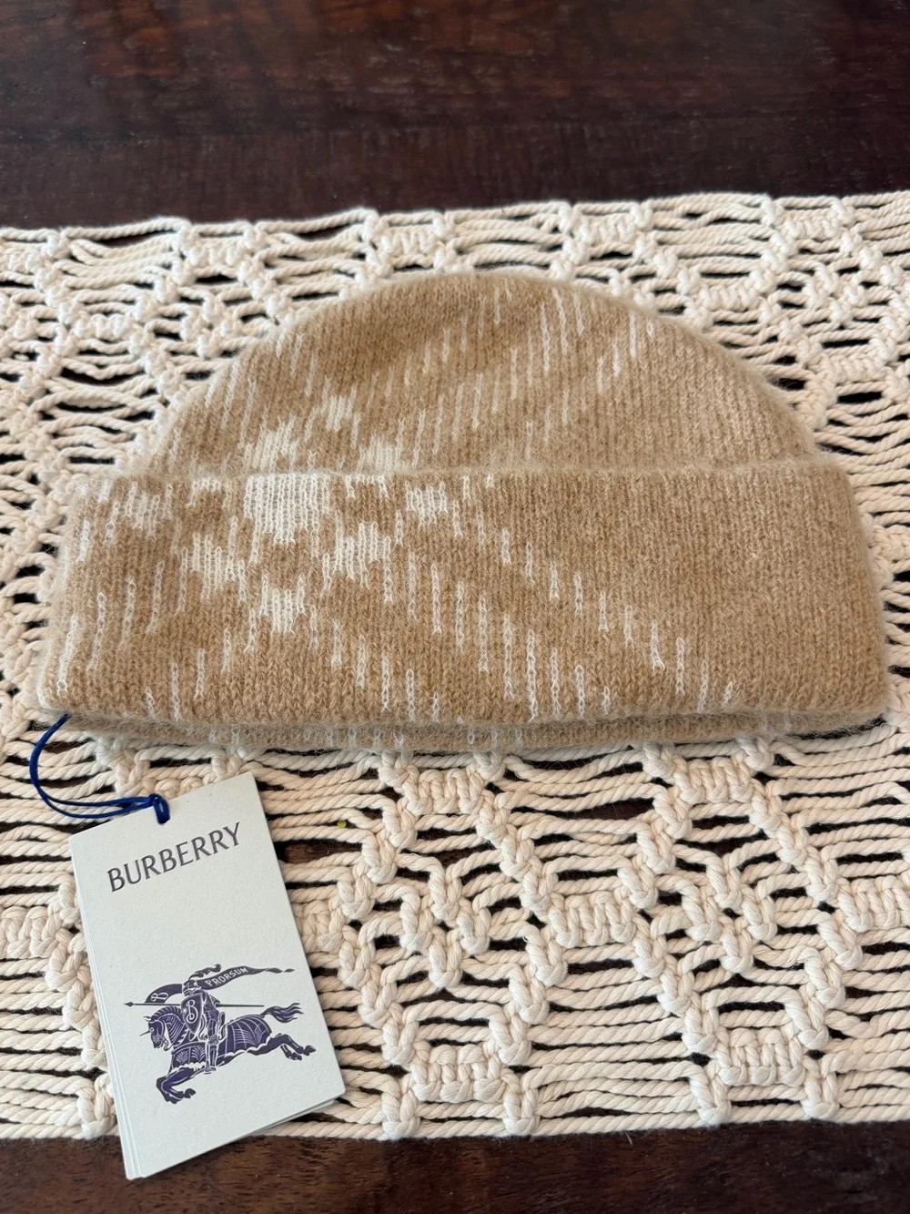 Burberry Mohair and Wool Check Beanie in Sand - One size - New with Tags